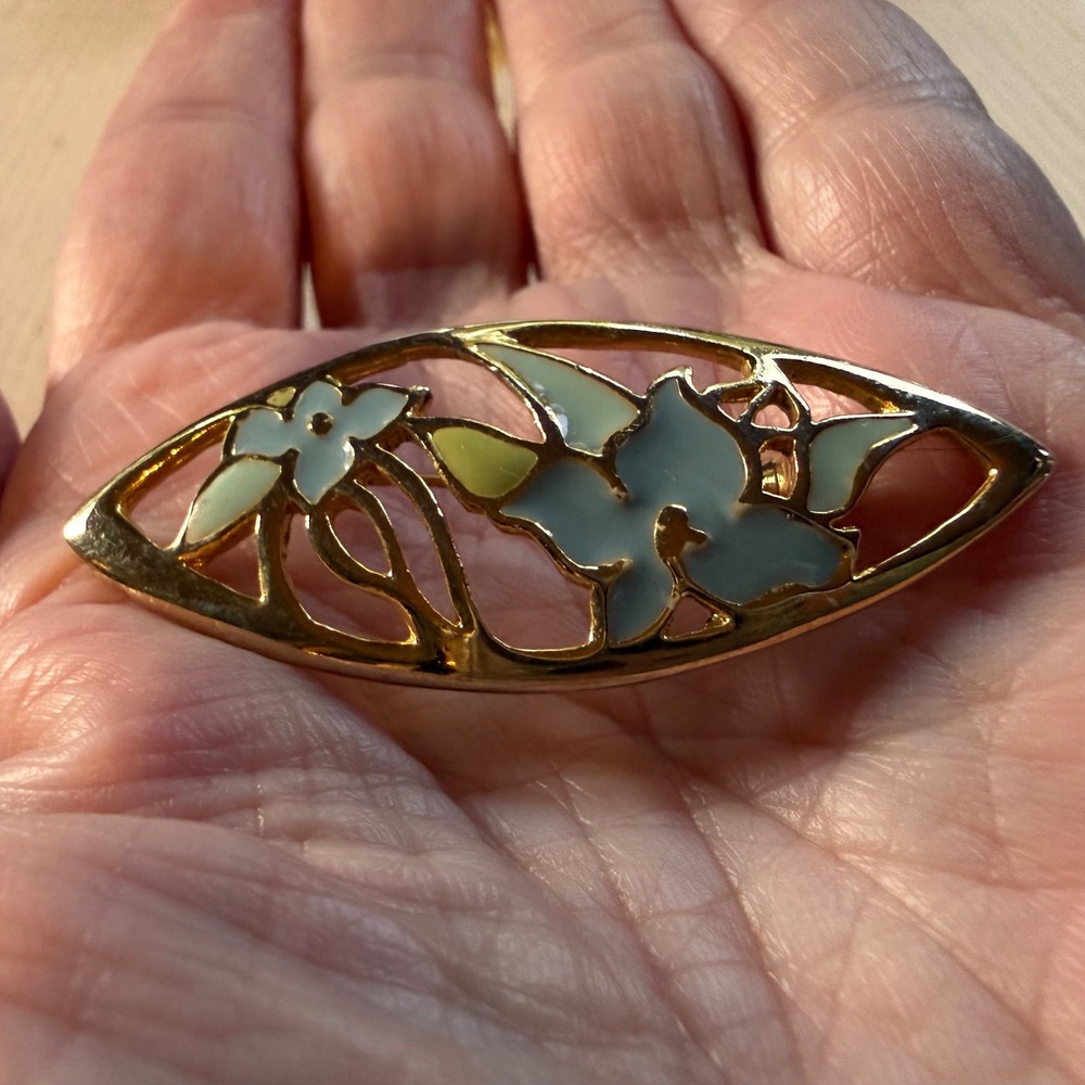 Floral Brooch Gold TonBlue Green Enamel Marquise Botanical Cottagecoree